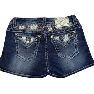Miss Me Embellished Lace Denim Y2K Shorts Women's 30 Mid Rise Stretch Rhinestone